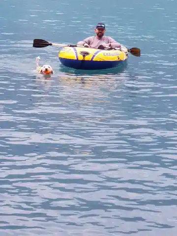 Ein Mann mit Mütze paddelt in einem gelb-blauen Schlauchboot auf einem See, daneben schwimmt ein weisser Hund.